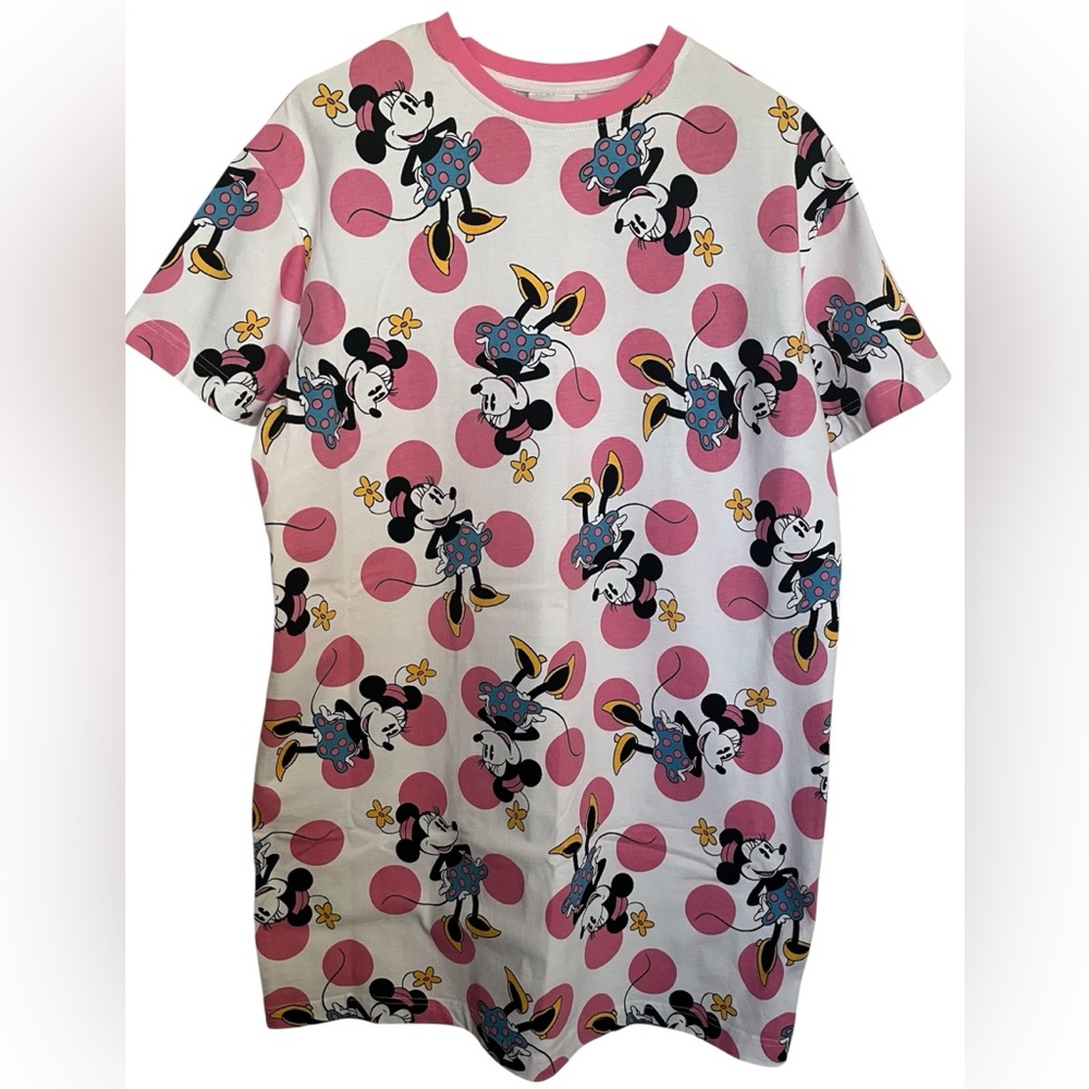 Disney Mickey & Co Minnie Mouse Pink & White Polka Dot Tee T Shirt Dress L